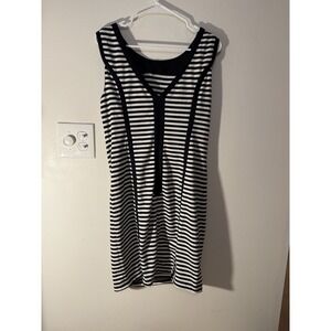 Womens Roulette Black White Striped Sleeveless V-Neck Zip Up Dress Size 10